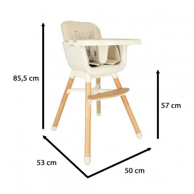 Scaun de masa pentru copii, cu picioare din lemn si suport pentru picioare, tavita detasabila, bej