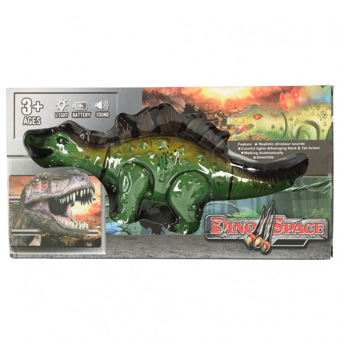 Dinozaur Stegosaurus, jucarie interactiva cu baterie, cu sunete si lumini, verde