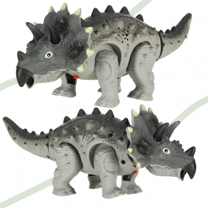 Dinozaur Triceratops, jucarie interactiva cu baterie, cu lumini si sunete, gri