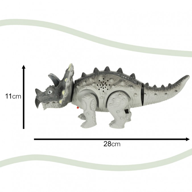 Dinozaur Triceratops, jucarie interactiva cu baterie, cu lumini si sunete, gri