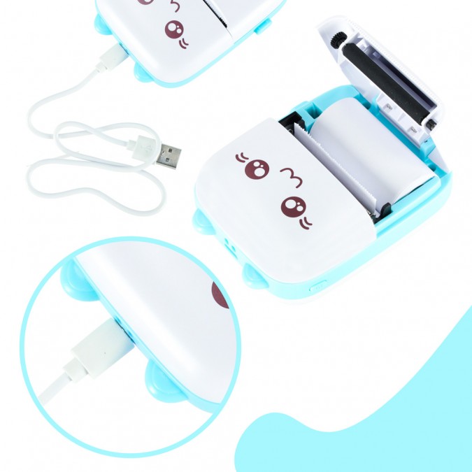 Mini imprimanta termica pentru fotografii, etichete, cablu USB, alb/albastru
