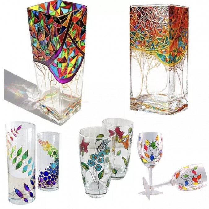 Vopsele pentru sticla ceramica porțelan set pentru pictura pe sticla 6 culori x 25ml + pensula paleta de pictura
