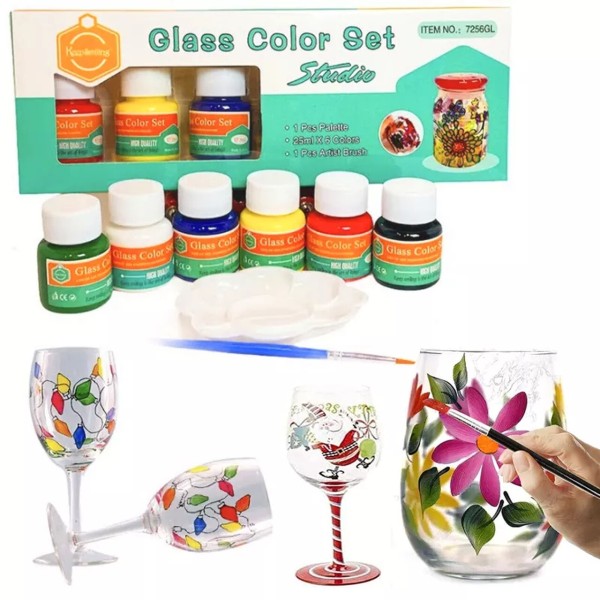 Vopsele pentru sticla ceramica porțelan set pentru pictura pe sticla 6 culori x 25ml + pensula paleta de pictura [1]