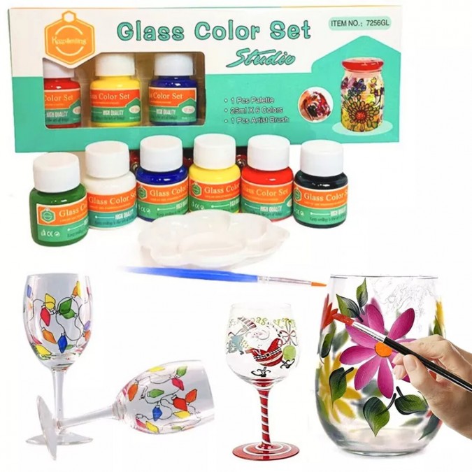 Vopsele pentru sticla ceramica porțelan set pentru pictura pe sticla 6 culori x 25ml + pensula paleta de pictura