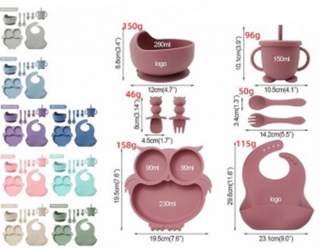 Set din silicon pentru copii bufnița verde