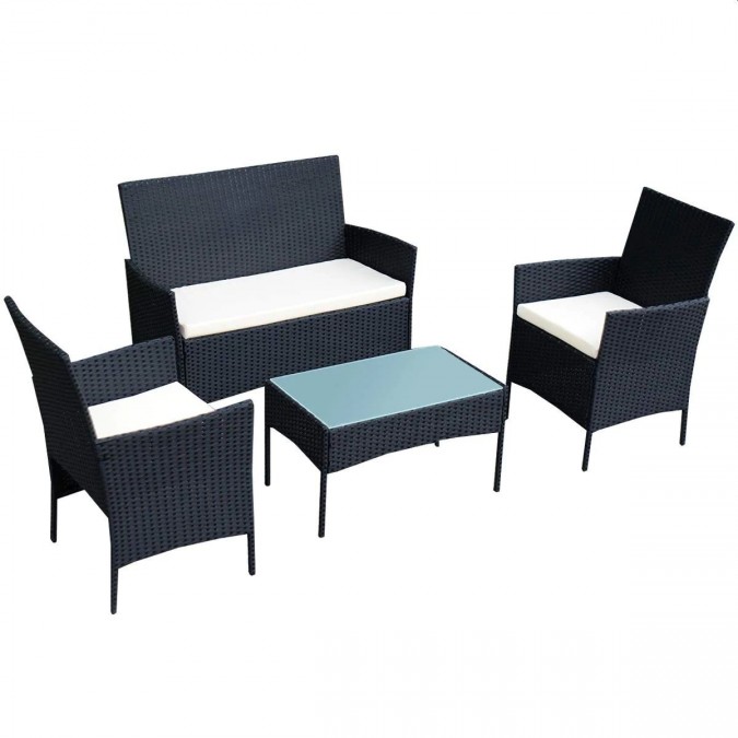 Set 4 piese mobilier gradina fotolii canapea masuta cafea perne blat sticla model ratan negru