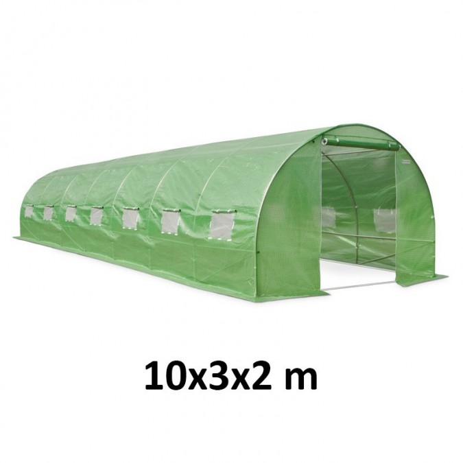 Sera solar tip tunel 10x3x2 m ferestre cu plasa anti-insecte 1 usa rulanta folie pe cu filtru uv4 verde