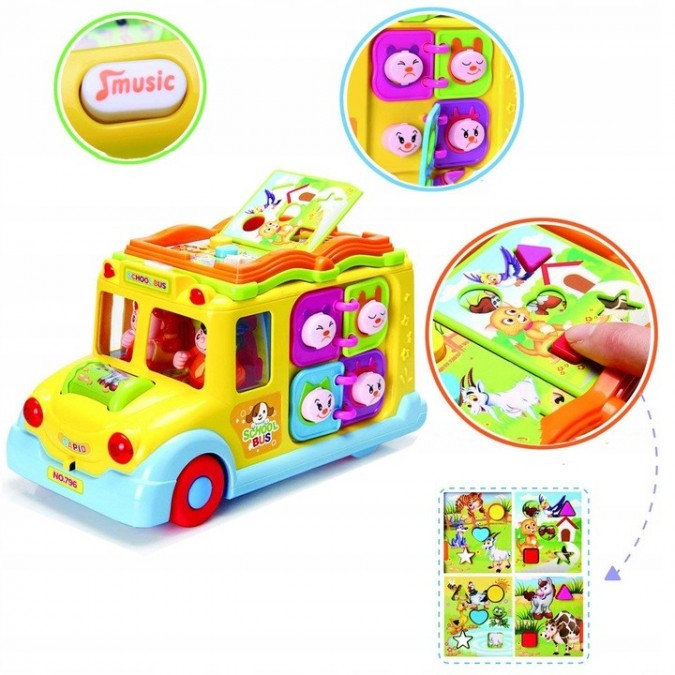 Autobuz scolar interactiv, sunete si lumini, imagini, multicolor, lungime 24 cm, 12 luni+