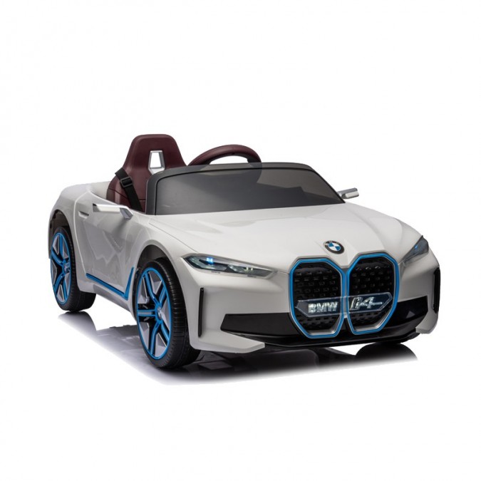 Masinuta electrica bmw i4 2x25w bluetooth mp3 lumini led fata-spate suspensii roti spuma eva scaun maro