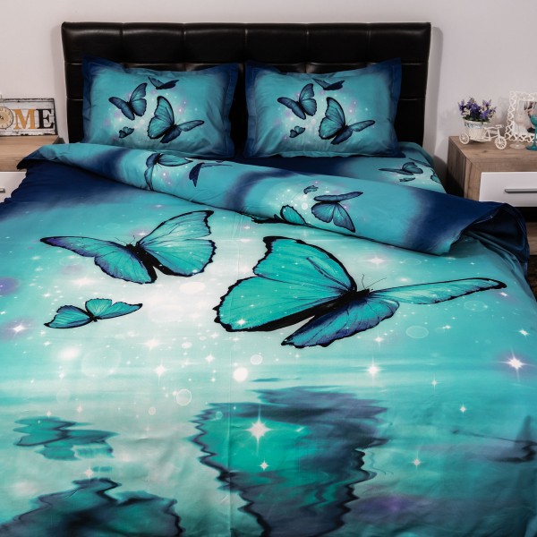 Lenjerie pat dublu, Ralex Pucioasa, Bumbac Satinat, 4 piese, 3D Digital Print, Albastru, fluturi [1]