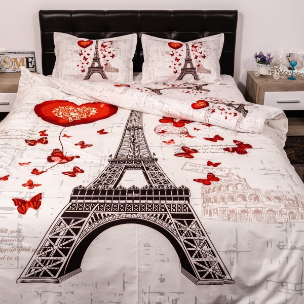 Lenjerie pat dublu, Ralex Pucioasa, Bumbac Satinat, 4 piese, 3D Digital Print, Alb-Gri, Turnul Eiffel [1]