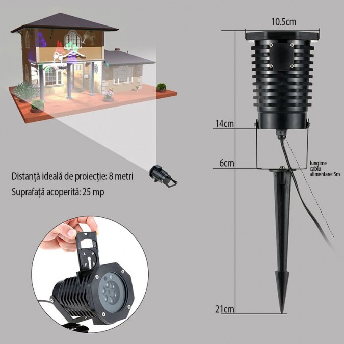 Proiector led exterior 12w, 15 modele figurine, proiectie rotativa, ip44