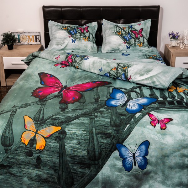 Lenjerie pat dublu, Ralex Pucioasa, Bumbac Satinat, 4 piese, 3D Digital Print, Verde-Multicolor, fluturi [1]