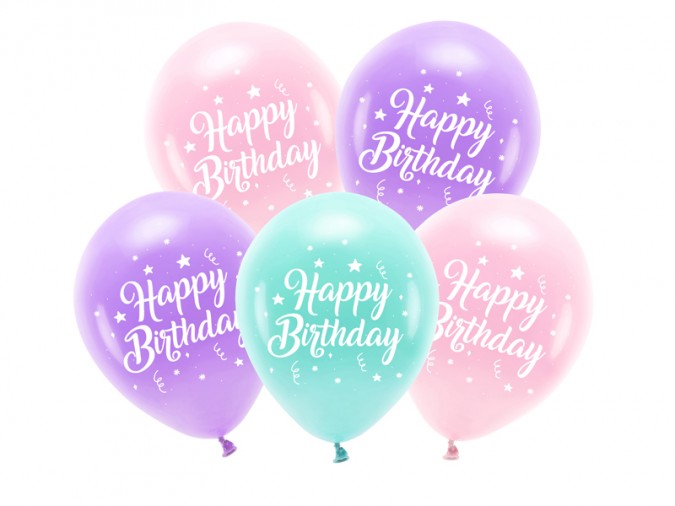 Eco Balloons 26 cm Happy Birthday pink (1 pkt / 5 pc.)