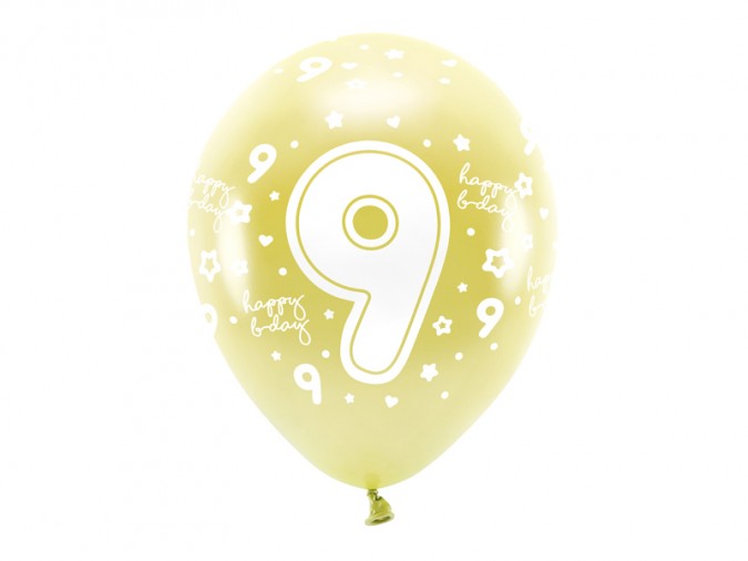 Metallic Eco Balloons 33 cm Number \'\'9\'\' light gold (1 pkt / 6 pc.)