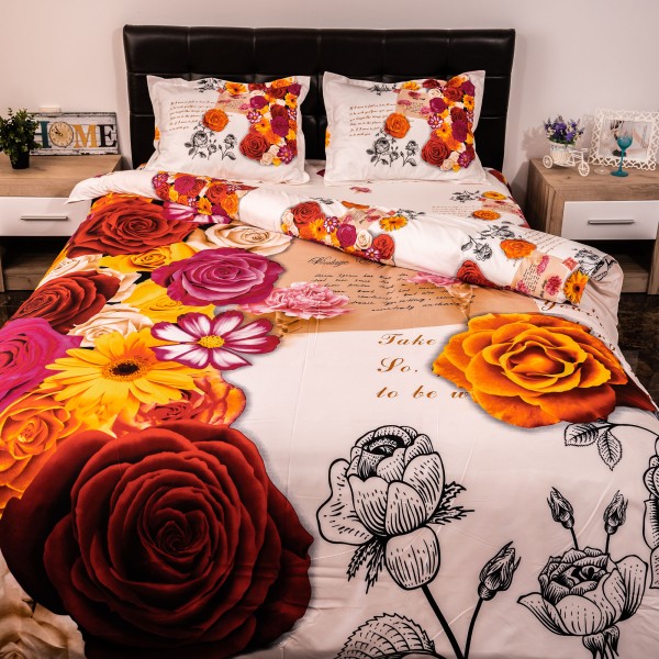 Lenjerie pat dublu, Ralex Pucioasa, Bumbac Satinat, 4 piese, 3D Digital Print, Alb-Multicolor, flori [1]