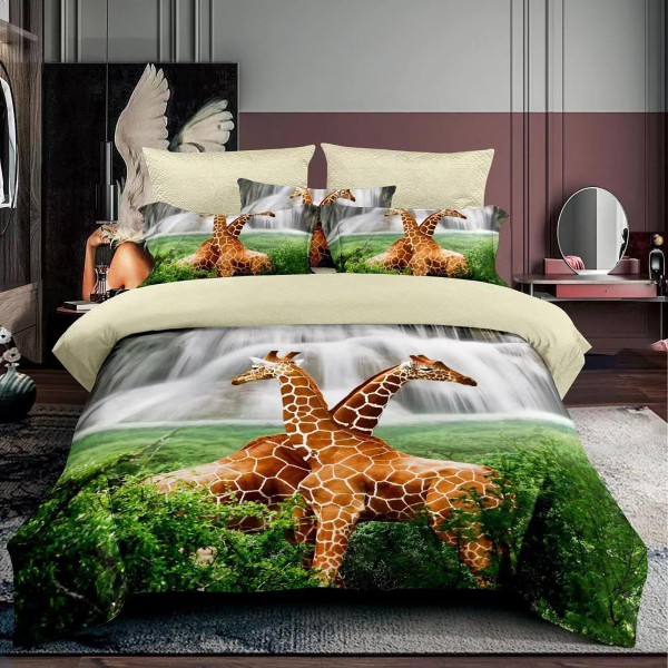 Lenjerie 3D, pat 1 persoana, 3 piese,  Finet, Ralex Pucioasa, girafe, verde [1]