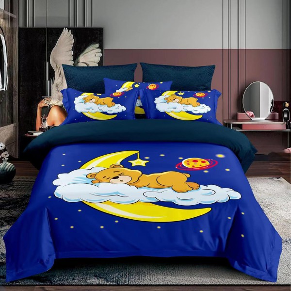 Lenjerie 3D, pat 1 persoana, 3 piese,  Finet, Ralex Pucioasa, stelute, luna, ursulet, albastru [1]