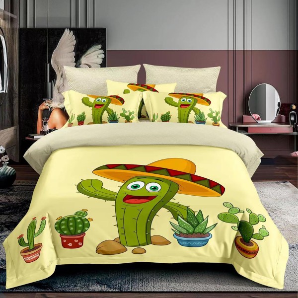 Lenjerie 3D, pat 1 persoana, 3 piese,  Finet, Ralex Pucioasa , cactus , galben, verde [1]