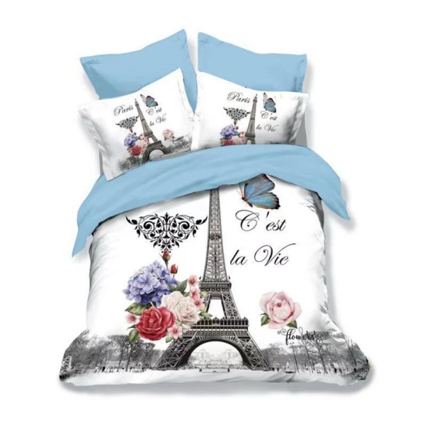 Lenjerie pat dublu, Ralex Pucioasa, 6 piese, Bumbac Finet, imprimeu 3D, IDENTIC CU POZA, Alb, Paris [1]