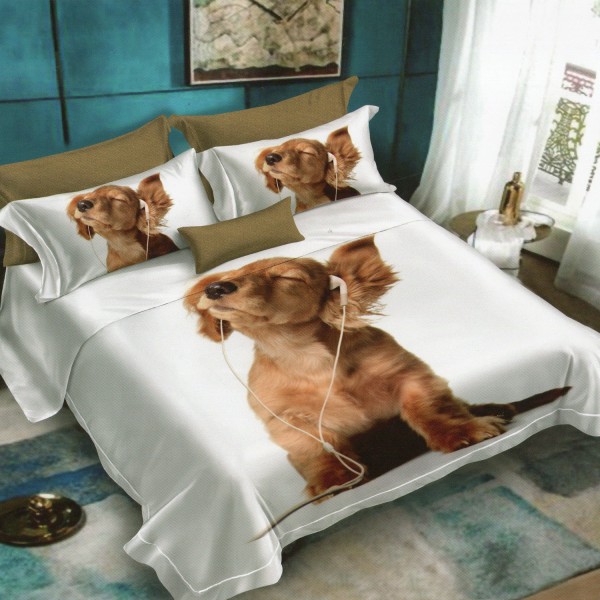 Lenjerie pat dublu, Ralex Pucioasa, 6 piese, Bumbac Finet, imprimeu 3D, IDENTIC CU POZA, Alb, catel [1]