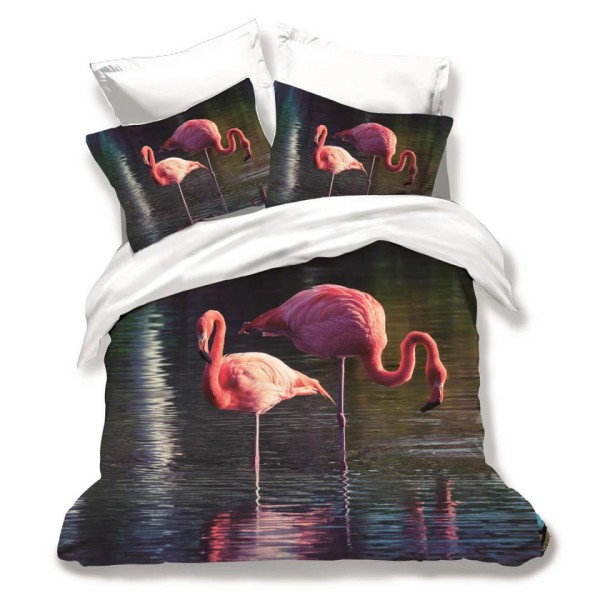 Lenjerie pat dublu, Ralex Pucioasa, 6 piese, Bumbac Finet, imprimeu 3D, IDENTIC CU POZA, Gri, flamingo [1]
