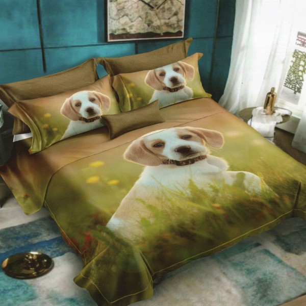 Lenjerie pat dublu, Ralex Pucioasa, 6 piese, Bumbac Finet, imprimeu 3D, IDENTIC CU POZA, Verde, catel [1]