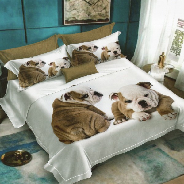 Lenjerie pat dublu, Ralex Pucioasa, 6 piese, Bumbac Finet, imprimeu 3D, IDENTIC CU POZA, Alb, catel [1]