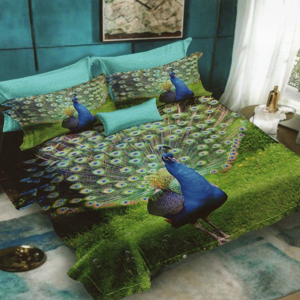 Lenjerie pat dublu, Ralex Pucioasa, 6 piese, Bumbac Finet, imprimeu 3D, IDENTIC CU POZA, Verde, paun [1]