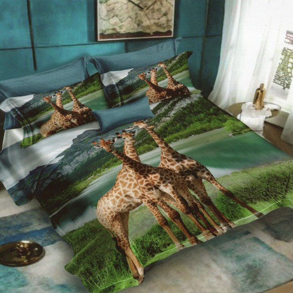 Lenjerie pat dublu, Ralex Pucioasa, 6 piese, Bumbac Finet, imprimeu 3D, IDENTIC CU POZA, Verde, girafe [1]