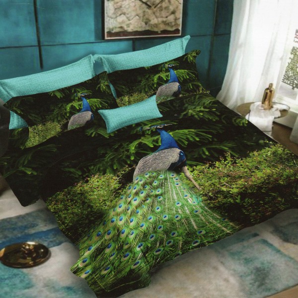 Lenjerie pat dublu, Ralex Pucioasa, 6 piese, Bumbac Finet, imprimeu 3D, IDENTIC CU POZA, Verde, paun [1]