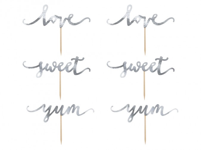 Cupcake toppers Love silver 13cm (1 pkt / 6 pc.)