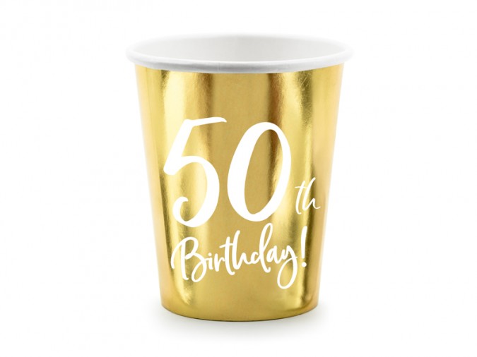 Paper cups 50th Birthday gold 220ml (Set 6 bucati)