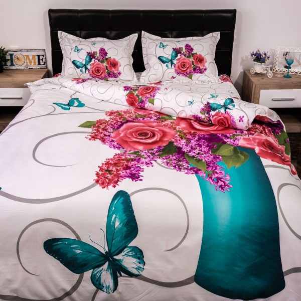 Lenjerie pat dublu, Ralex Pucioasa, Bumbac Satinat, 4 piese, 3D Digital Print, Alb-Multicolor, flori [1]