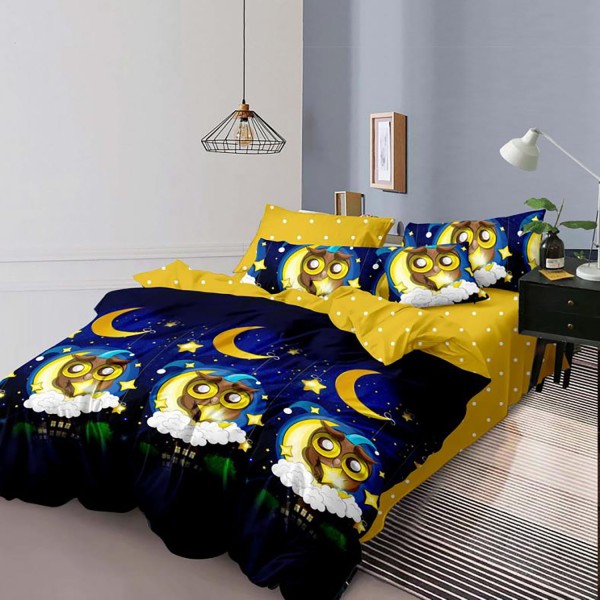 Lenjerie pat dublu, Ralex Pucioasa,  Finet, 6 piese, Bleumarin-Galben, bufnite [1]