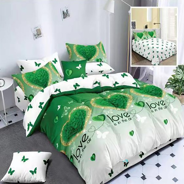 Lenjerie pat dublu, Ralex Pucioasa,  Finet, 6 piese, Alb-Verde, inimioare, fluturi [1]