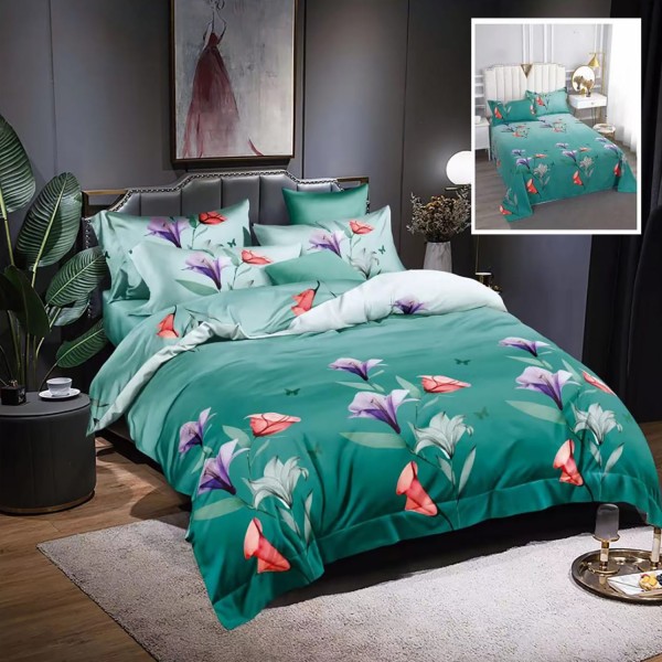 Lenjerie pat dublu, Ralex Pucioasa,  Finet, 6 piese, Verde, flori [1]