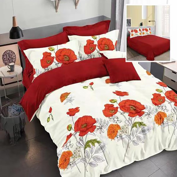 Lenjerie pat dublu, Ralex Pucioasa,  Finet, 6 piese, Crem-Rosu, flori, maci [1]