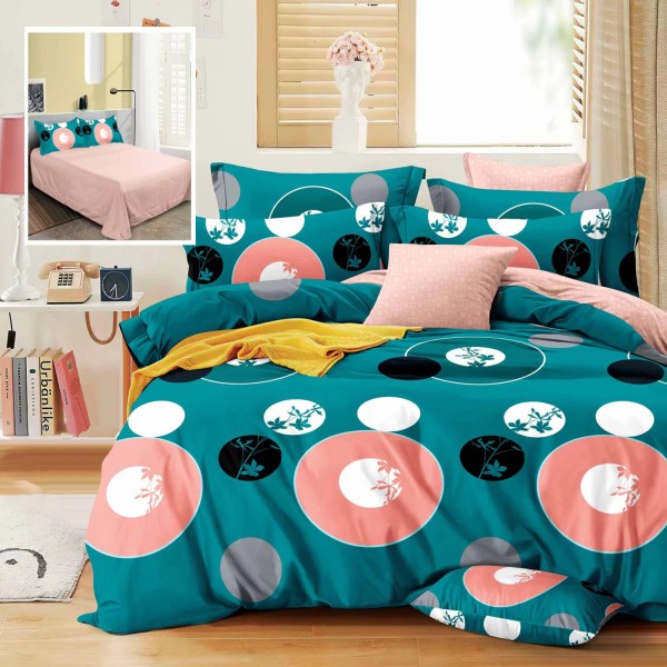 Lenjerie pat dublu, Ralex Pucioasa,  Finet, 6 piese, Turquoise, cercuri, buline, frunze [1]