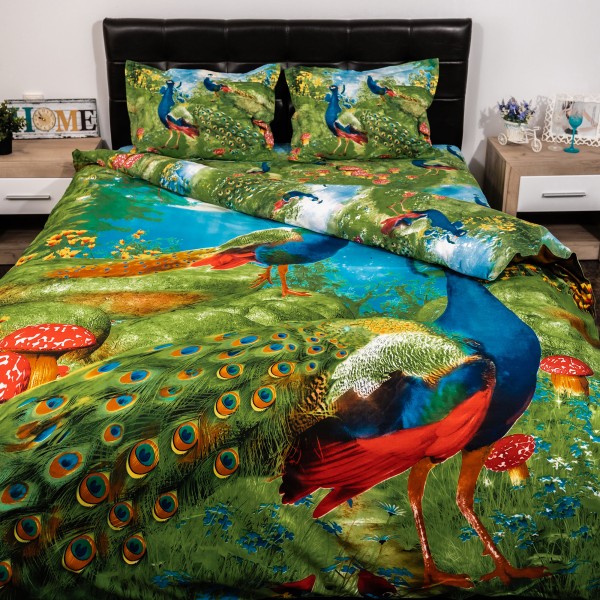 Lenjerie pat dublu, Ralex Pucioasa, Bumbac Satinat, 4 piese, 3D Digital Print, Verde-Multicolor, paun  [1]