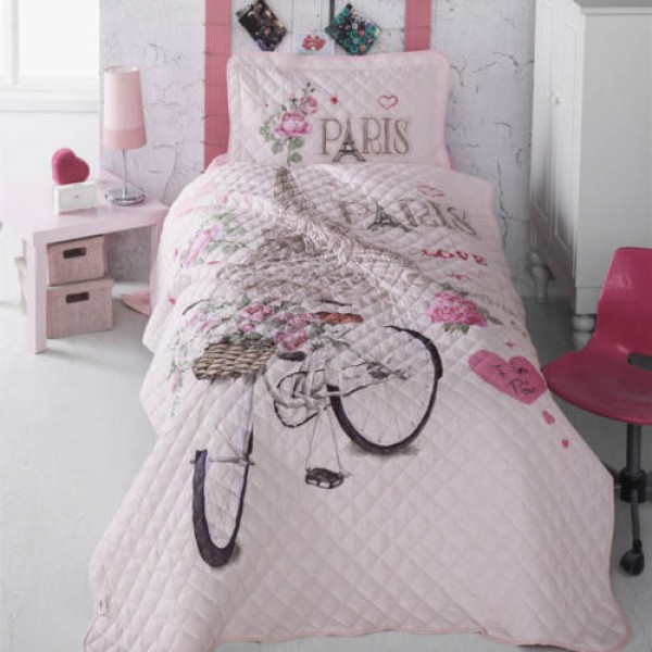 Set cuvertura de pat single, 2 piese, Bumbac 100%, 180x240cm, Clasy,-PARIS LOVE [1]