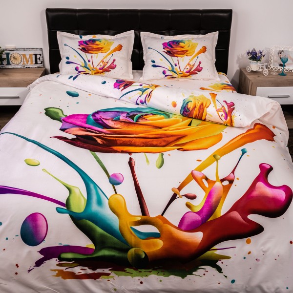 Lenjerie pat dublu, Ralex Pucioasa, Bumbac Satinat, 4 piese, 3D Digital Print, Alb-Multicolor , trandafir  [1]
