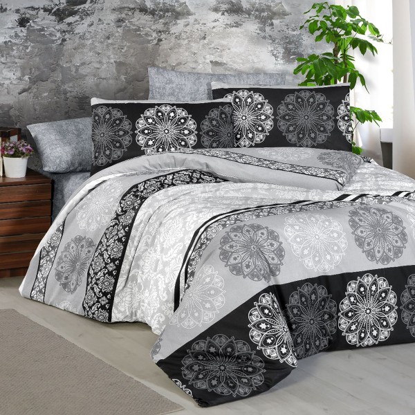 Lenjerie de pat dublu, 4 piese, Bumbac 100% Ranforce, Ralex Pucioasa, model elegant , gri, negru  [1]