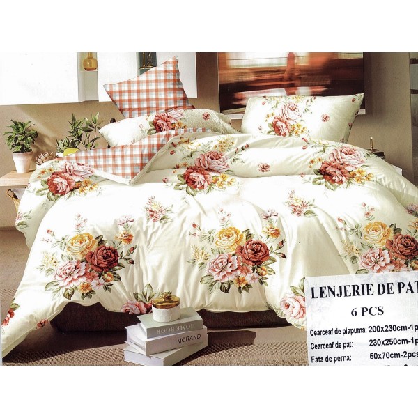 Lenjerie pat dublu, Ralex Pucioasa,  Finet, 6 piese, Crem, flori [1]