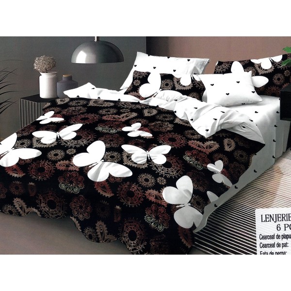 Lenjerie pat dublu, Ralex Pucioasa,  Finet, 6 piese, Negru-Alb, fluturi [1]