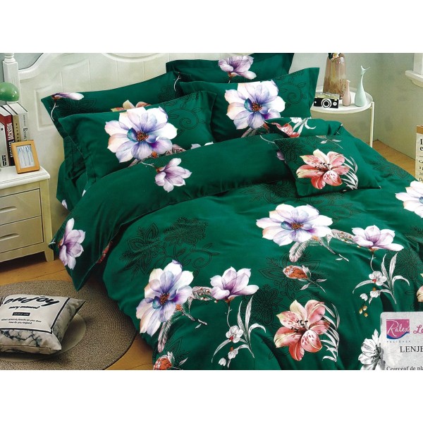 Lenjerie pat dublu, Ralex Pucioasa,  Finet, 6 piese, Verde, flori [1]