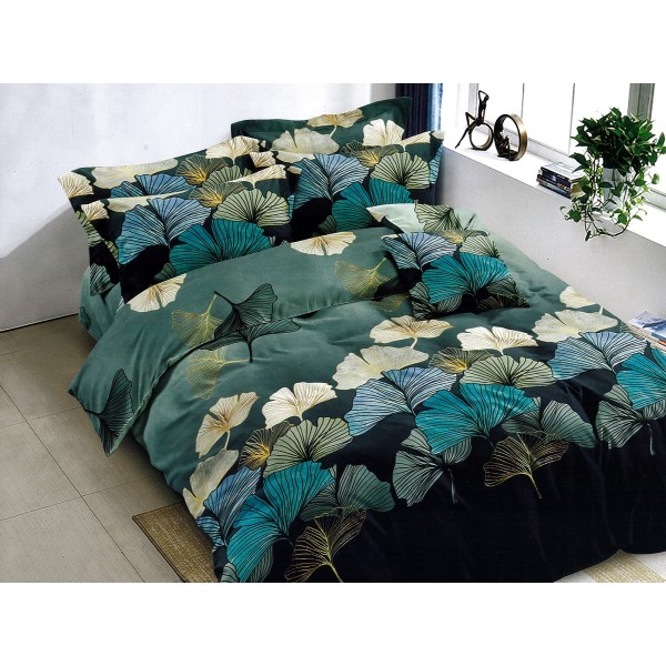Lenjerie pat dublu, Ralex Pucioasa,  Finet, 6 piese, Verde, frunze [1]