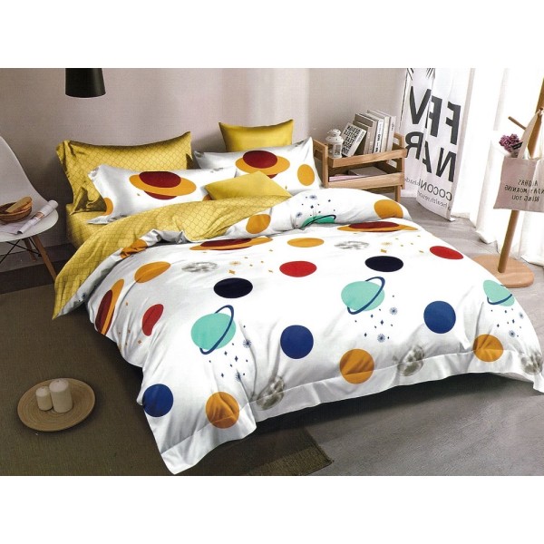 Lenjerie pat dublu, Ralex Pucioasa,  Finet, 6 piese, cu elastic, Alb, planete [1]