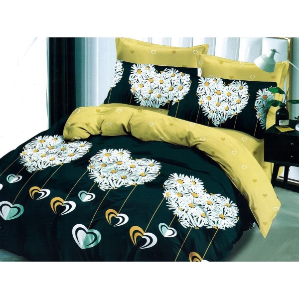 Lenjerie pat dublu, Ralex Pucioasa,  Finet, 6 piese, cu elastic, Verde, flori, inimioare [1]
