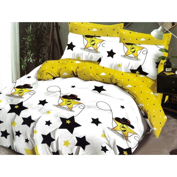 Lenjerie pat dublu, Ralex Pucioasa,  Finet, 6 piese, cu elastic, Alb-Galben, stelute [1]